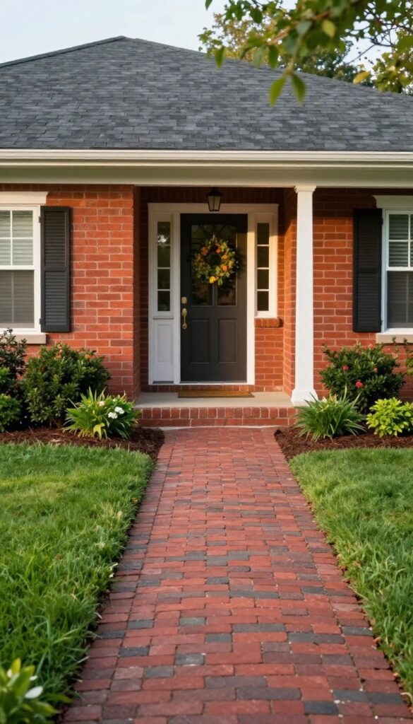 Classic red brick front yard walkway in a running bond pattern curving toward a home's front porch, bordered by green grass and landscaped mulch beds in bright natural light.