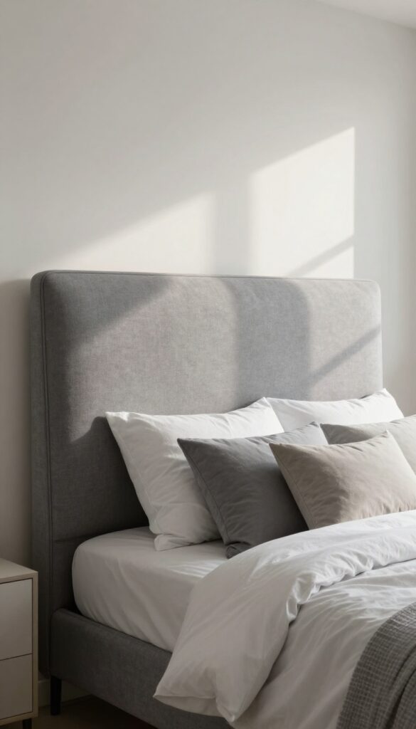 Grey upholstered channel-stitched headboard styled with layered neutral bedding in a bright, airy bedroom