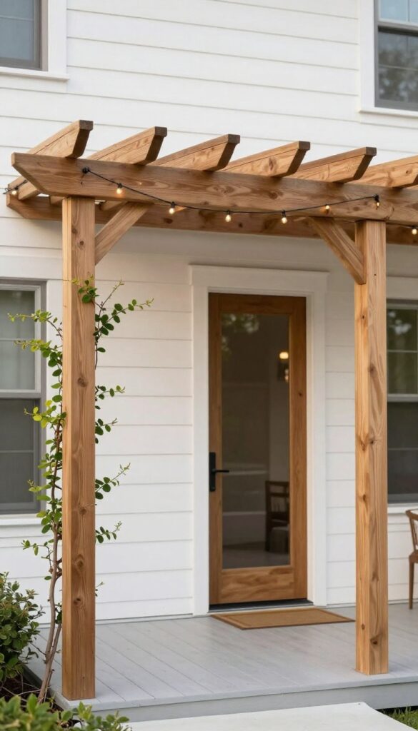 Wooden pergola over a front entrance deck with evenly spaced rafters, soft shade, subtle string lights, and light climbing vines on a bright day.