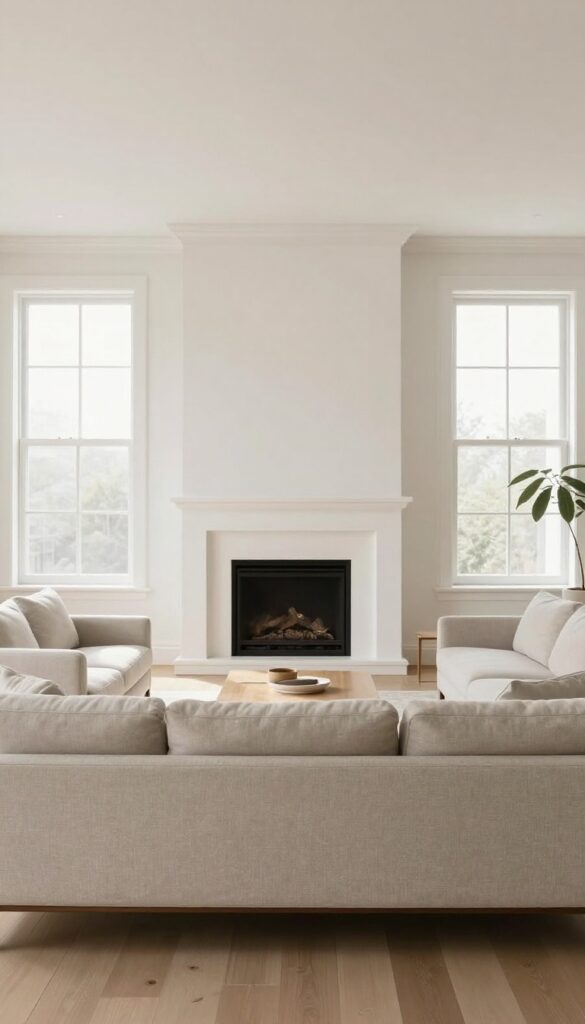 Bright living room with a centered couch facing a fireplace, symmetrical accent chairs, and a grounding area rug in natural light.