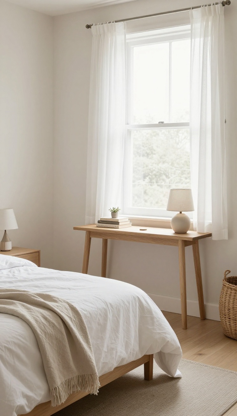 Bright small bedroom with a slim wooden console table against the wall beside the bed, styled with a small lamp, tiny plant, and woven basket on the lower shelf