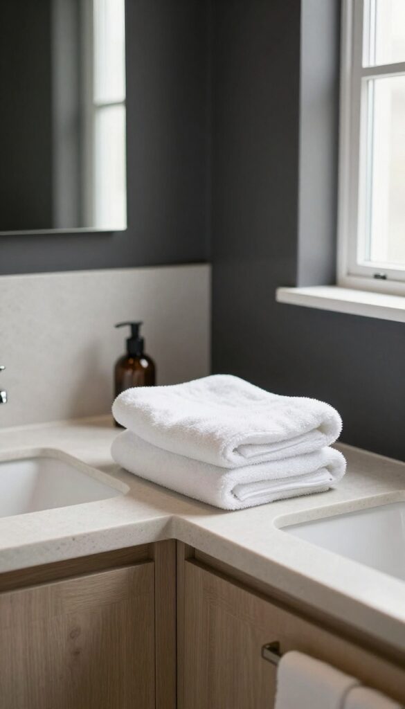 Small bathroom with matte charcoal walls and a bright white towel accent on a light vanity