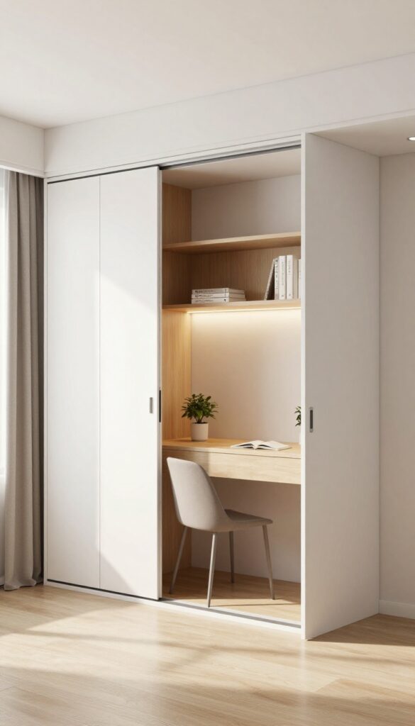 Bright modern bedroom with a white sliding wardrobe, one section open to show a fold-out desk study nook with shelves and warm lighting.