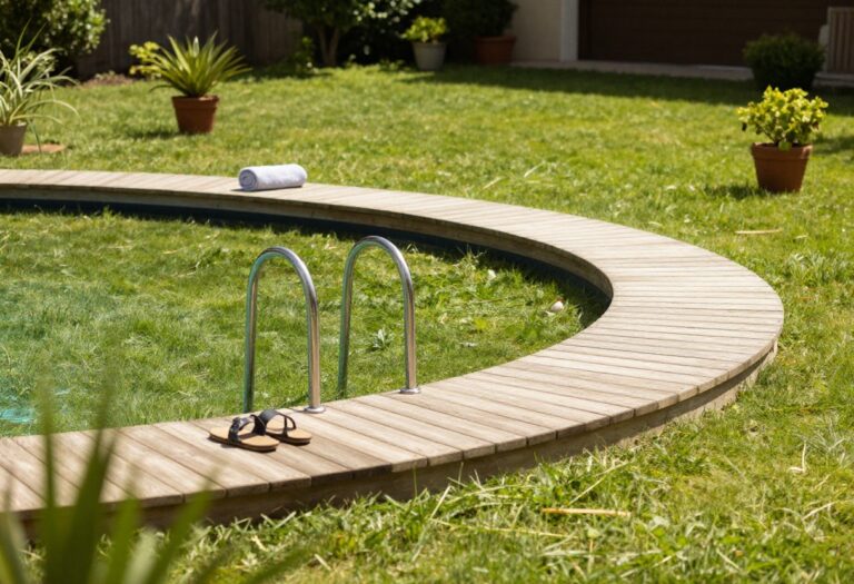 Small budget wooden half-moon entry deck attached to an above ground pool in a sunny backyard