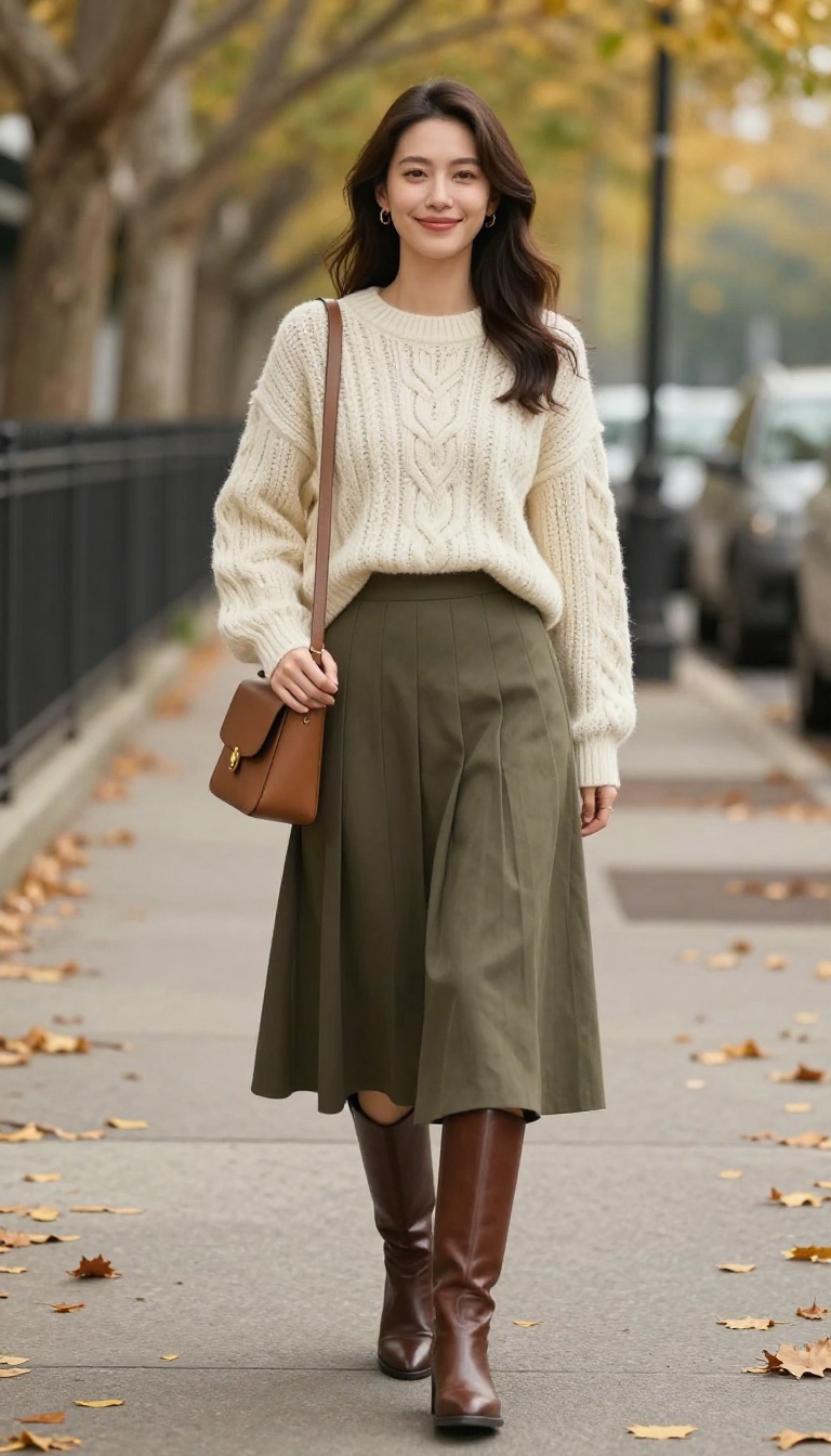 3. Chunky Cable-Knit Sweater + Pleated Midi Skirt