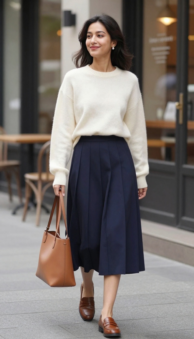 1. Pleated Midi Skirt with a Cashmere Sweater