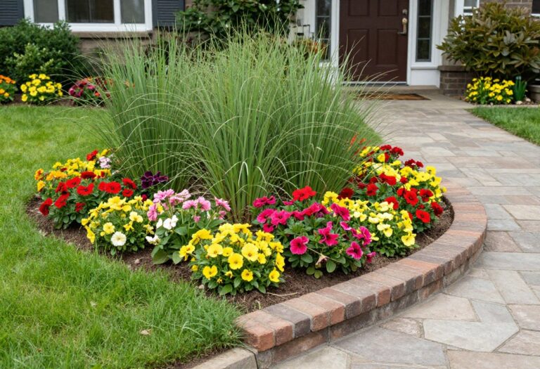 Layered front yard flower bed with low ground cover, medium perennials, and tall ornamental grasses along a curved stone walkway bordered by a raised brick edge in bright natural light