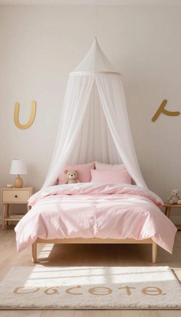 A bright toddler girl's bedroom with a personalized name sign in matte gold script above a bed with pastel pink bedding, minimal decor, and natural light.