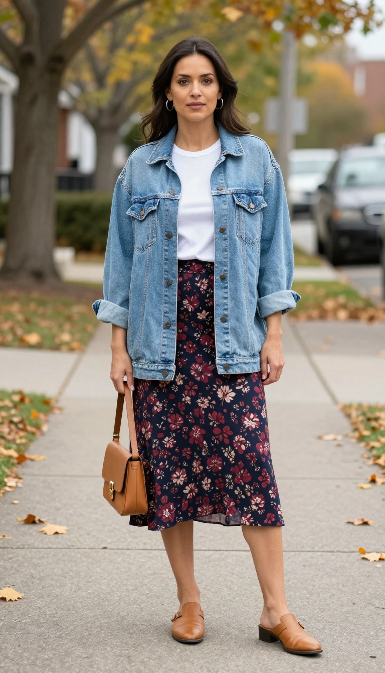 6. Floral Skirt with an Oversized Denim Shirt