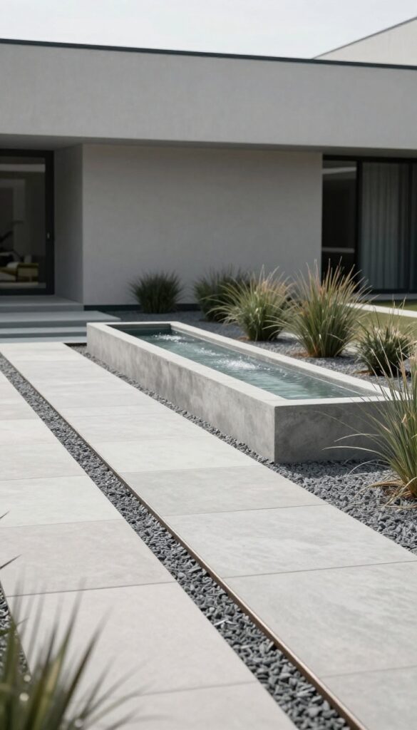 Modern minimalist concrete rectangular fountain with a smooth water spill in a clean front yard with gravel, steel edging, and structured ornamental grasses beside a contemporary home.