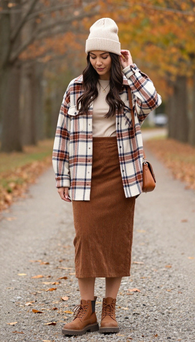 4. Oversized Flannel Shirt and Corduroy Skirt for a Casual Weekend