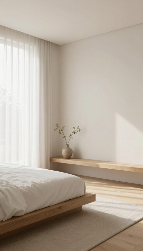 Bright minimalist modern bedroom with a low platform bed, white bedding, and a single floating wall shelf, leaving open floor space for a calm, uncluttered look