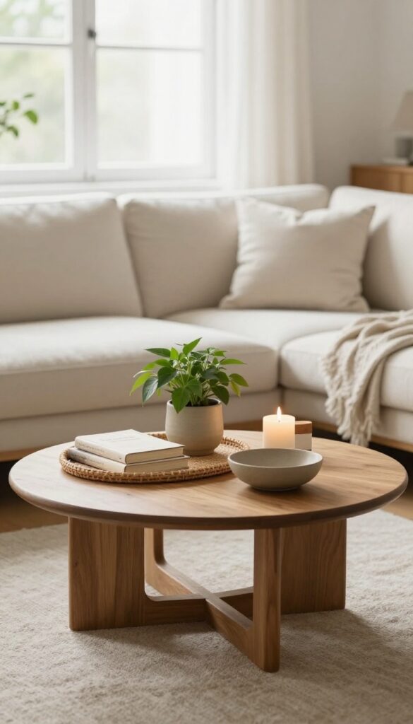 Cozy small living room coffee table styled with a woven tray, stacked books, a small potted plant, a lit candle, and a decorative box, leaving open space, in bright natural light.
