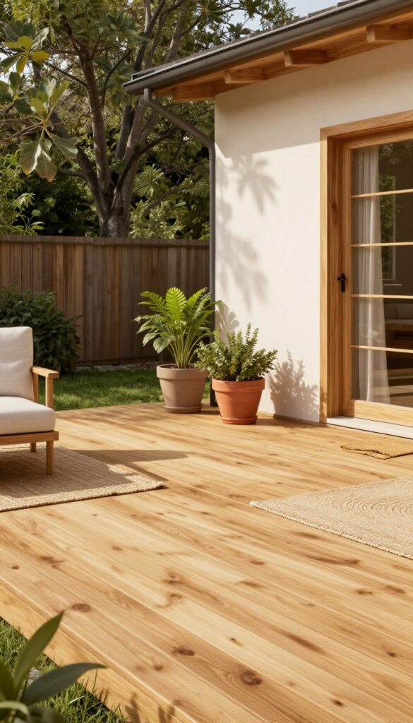 Freshly stained honey oak wooden backyard deck glowing in bright natural sunlight with potted greenery and a natural fiber rug.