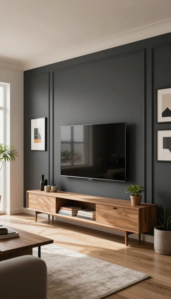 Modern living room with a dark charcoal painted TV wall, a mounted flat-screen TV blending into the dark background, a low wooden console, framed art, shelves, and bright natural light.