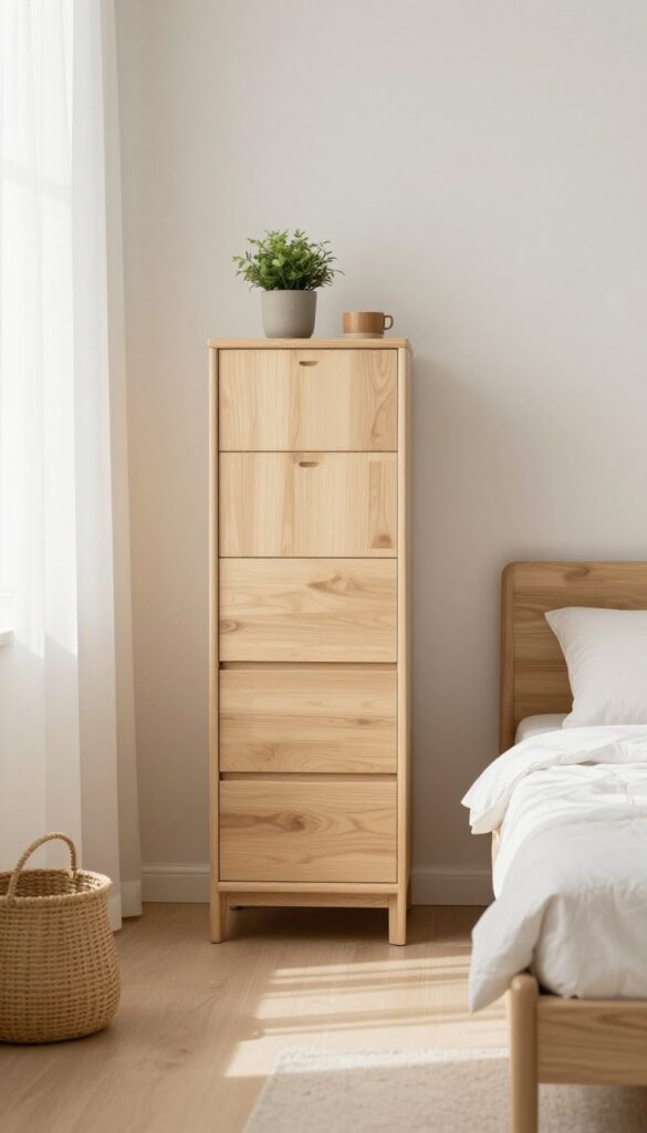 Bright small bedroom with a slim light-wood dresser and a tall corner storage tower, leaving an open walking path and a clean, airy layout.