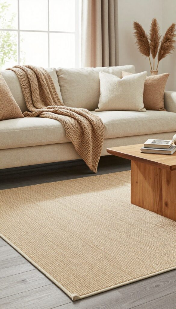Cozy living room with grey hardwood floors softened by a layered warm beige area rug, chunky knit throw blankets, textured pillows, and heavy cream curtains in bright natural light.