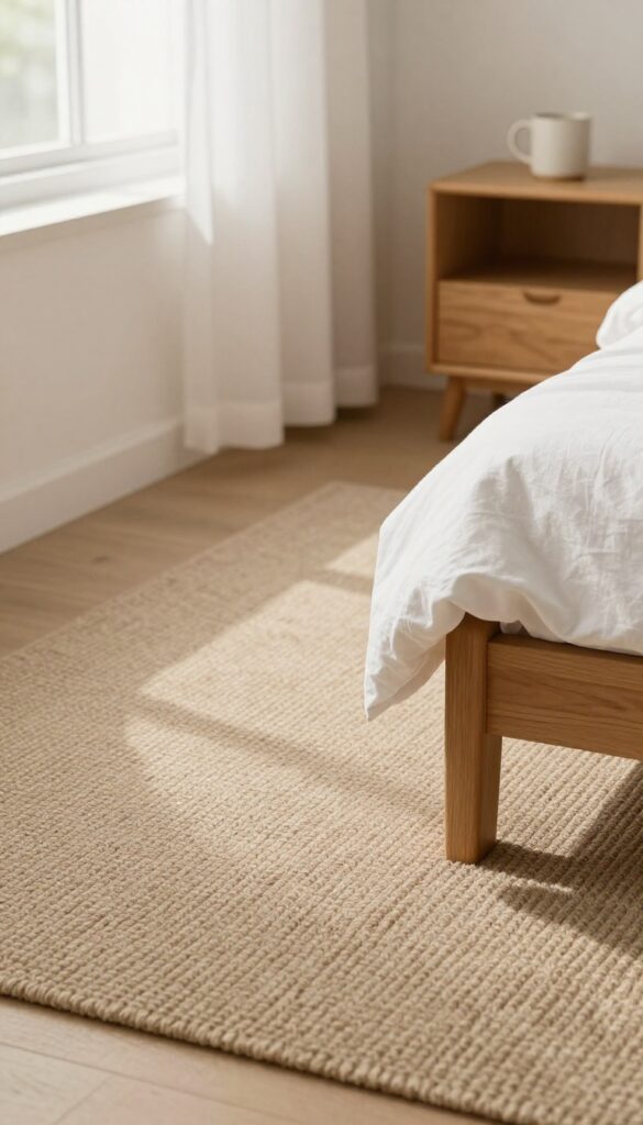 Bright cozy bedroom with a natural soft wool carpet in warm neutral tones beside a wooden bed with white linen bedding