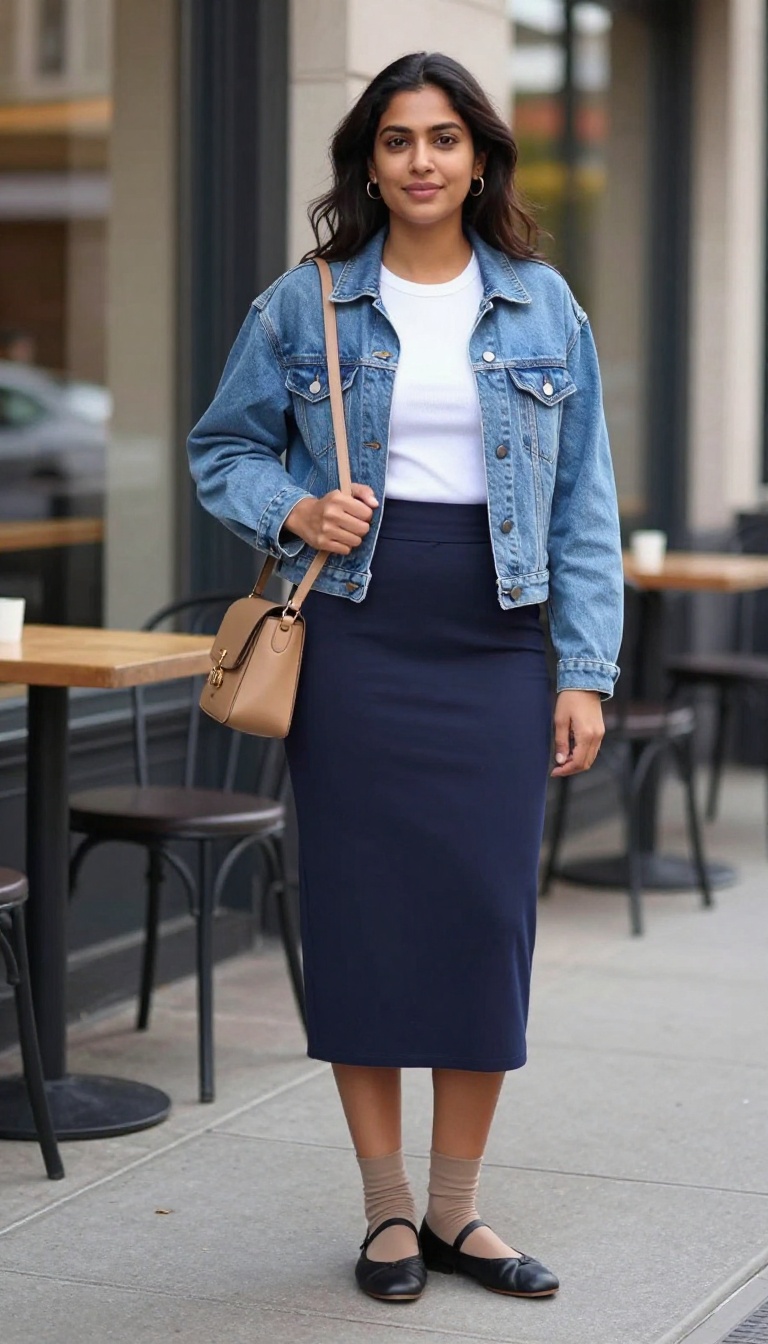 3. Cropped Jean Jacket with a High-Waist A-Line Skirt and Ballet Flats