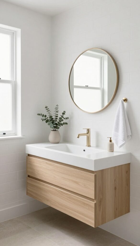 Bright small bathroom with a wall-mounted floating vanity, open floor space underneath, white sink, slim backsplash, round mirror, and natural light from a frosted window.