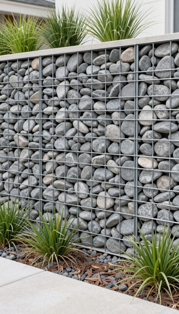 Modern front yard with a gabion retaining wall of metal cages filled with uniform gray stones, softened by ornamental grasses and green plants in bright natural light