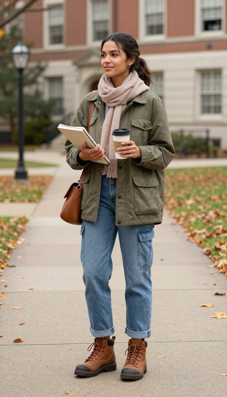 14. Utility Jacket with Cargo Jeans and Hiking Boots