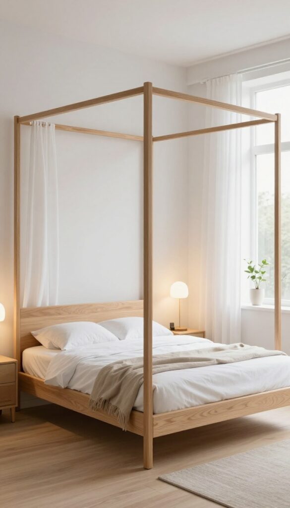 Modern minimalist wooden canopy bed frame with slim light oak posts, neutral bedding, sheer white curtain panels, and tall bedside lamps in a bright, airy bedroom with abundant natural light.