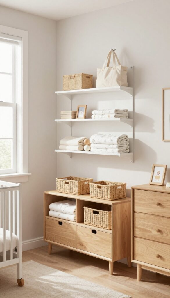 Bright shared nursery bedroom with floating wall shelves, woven baskets, wall hooks holding baby bags, and a slim wall-mounted cabinet above a dresser, styled with open floor space and natural light.