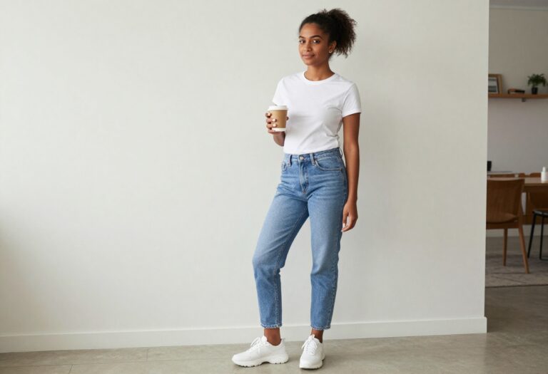 Woman wearing high-waisted mom jeans and a white tee, styled with white sneakers in a 90s-inspired outfit.