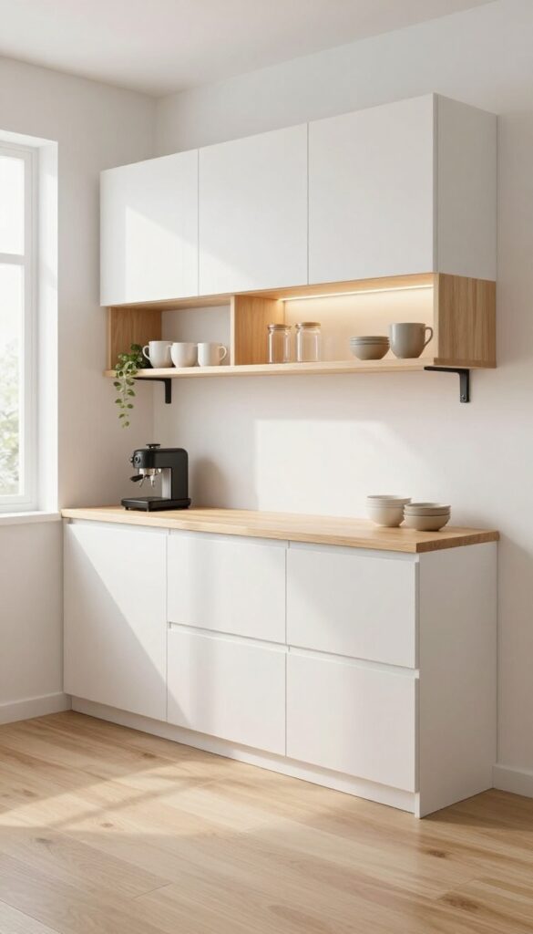 Small modern kitchen with one section of upper cabinets replaced by thick wood open shelves holding mugs, glass jars, and a plant near a bright window.