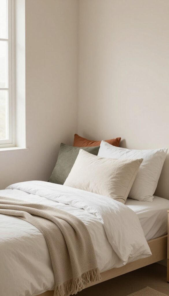 Cozy modern single bed tucked into a corner with layered pillows, Euro cushions, a draped throw blanket, and floor cushions in a bright neutral bedroom