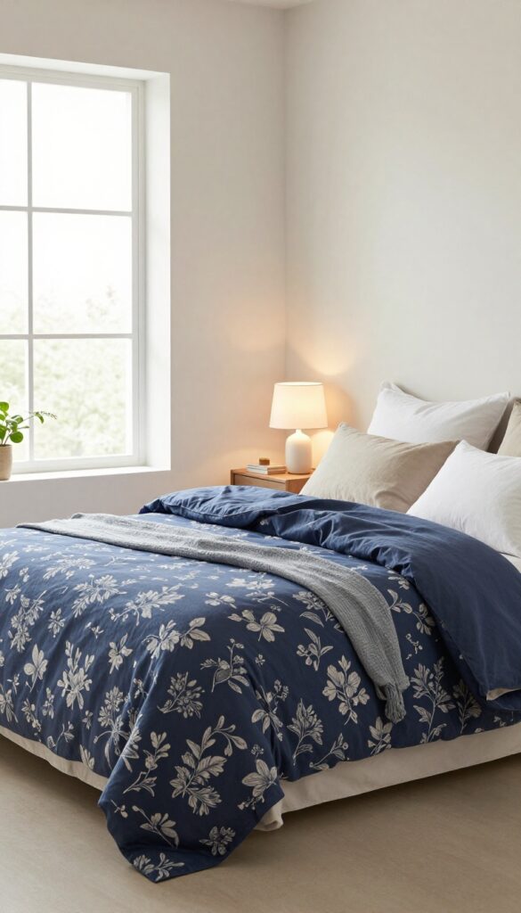 Bright bedroom with navy blue floral bedding, white and beige pillows, light walls, and warm natural light creating a calm, grounded space.