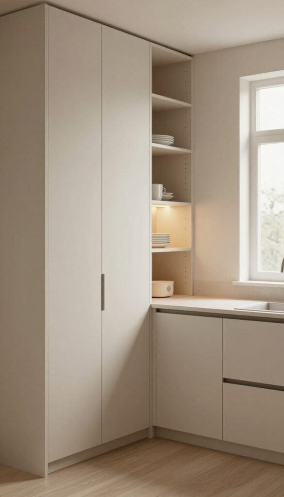 Narrow kitchen with floor-to-ceiling tall pantry cabinets, pull-out shelves, and warm cabinet lighting in bright natural daylight