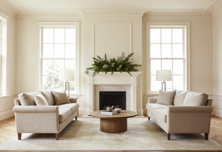 Symmetrical formal living room with matching armchairs, a tailored sofa, and bright natural light creating a classic elegant atmosphere