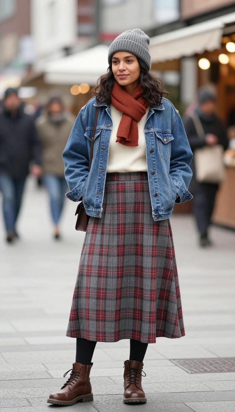 13. Flannel Midi Skirt with a Denim Jacket and Beanie