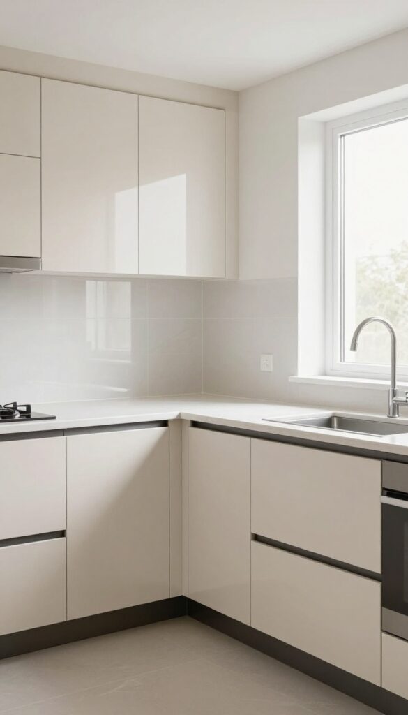 Bright narrow galley kitchen with soft white cabinets, pale greige walls, light quartz countertops, and glossy neutral backsplash reflecting natural light to make the space feel wider.