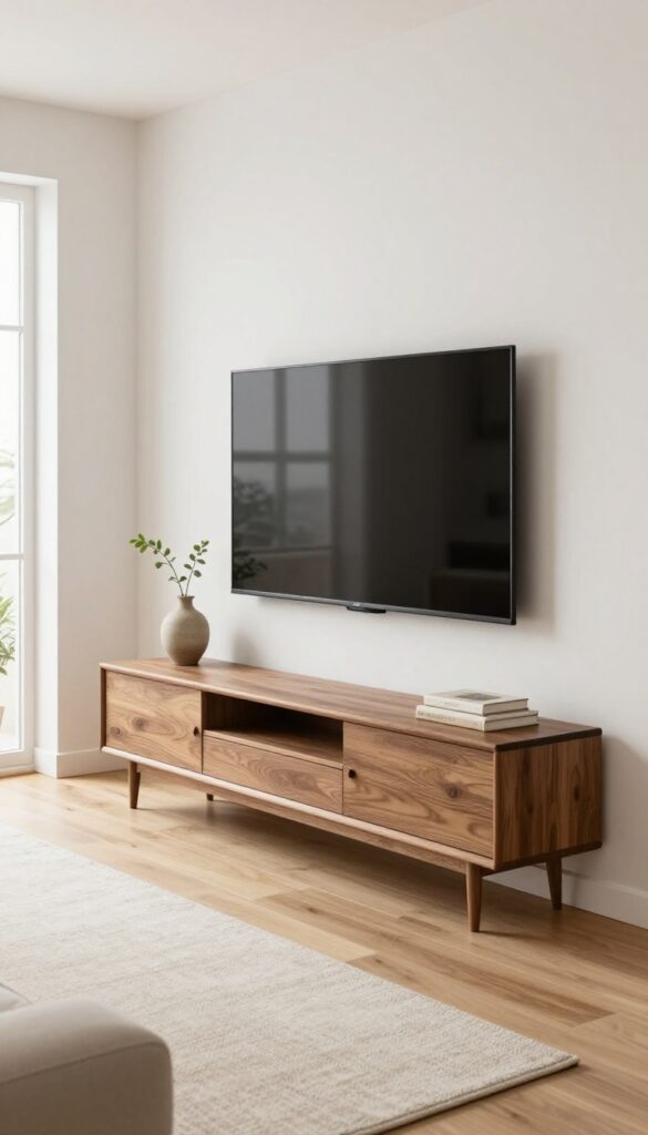 Modern living room with a wall-mounted flat-screen TV floating above a low walnut console styled with a small vase and books in bright natural light