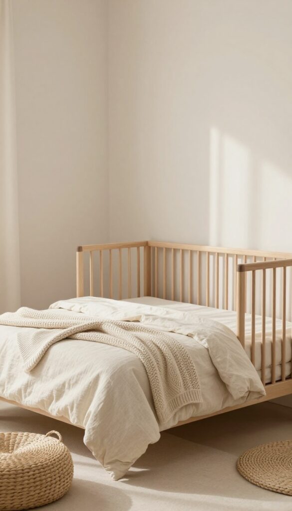 Neutral shared baby and adult bedroom with a wooden crib, cream bedding, linen and knit textures, and bright natural light through sheer curtains