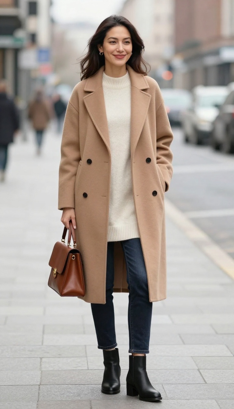8. Maxi Coat Over a Sweater Dress and Jeans