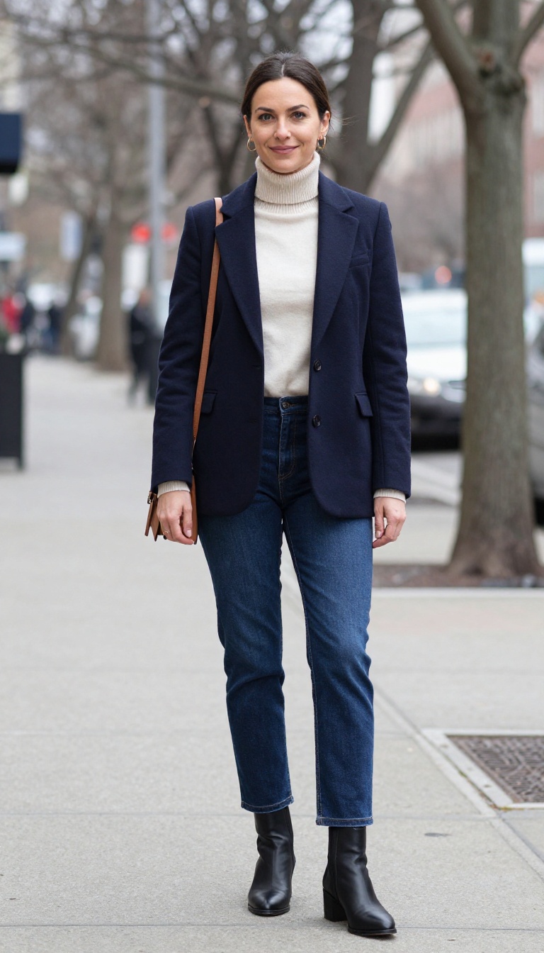 7. Blazer Over a Fine-Knit Sweater with Bootcut Jeans and Heeled Boots