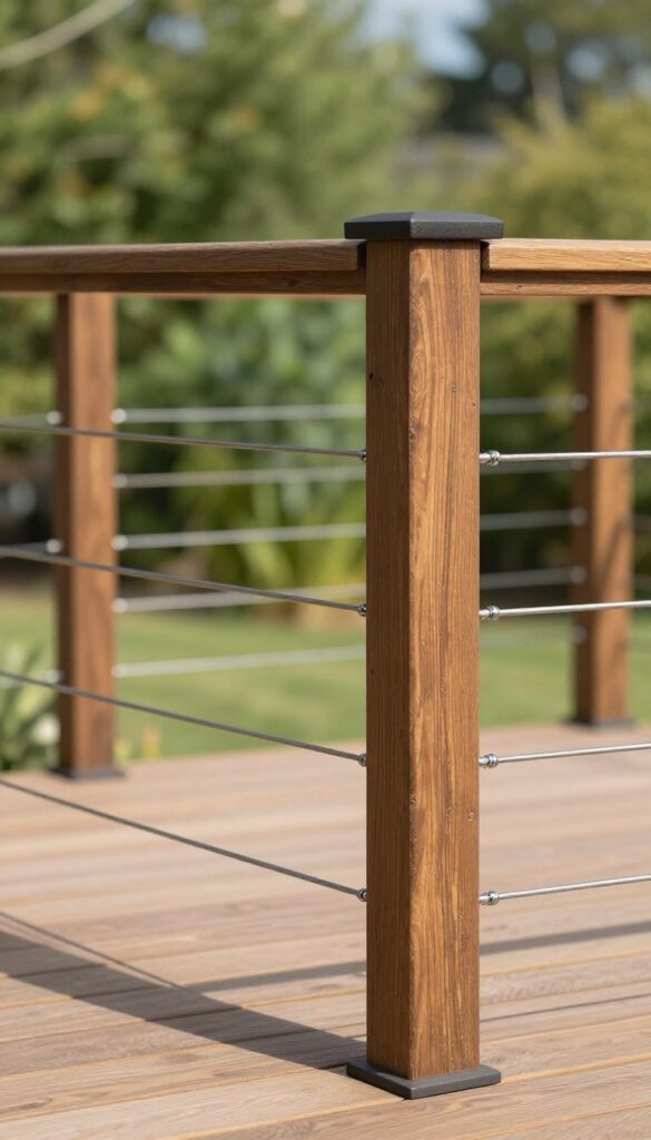 Modern deck railing with stained wood posts and horizontal stainless steel cables under bright natural light, blending warmth with clean contemporary lines.