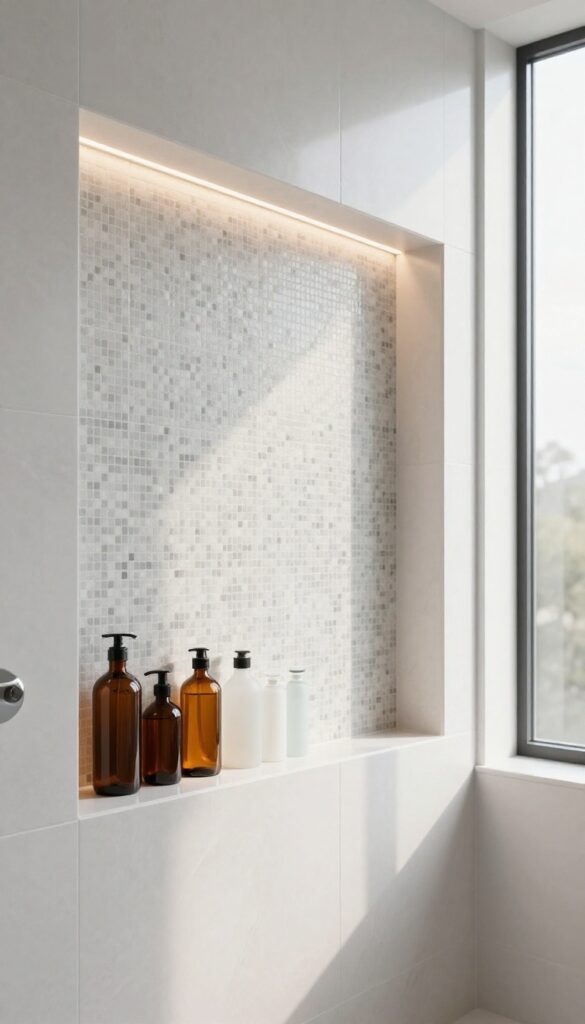 Bright modern walk-in shower with an extra-wide horizontal tiled niche lined with neatly arranged unlabeled bottles and a warm LED strip glowing along the top edge