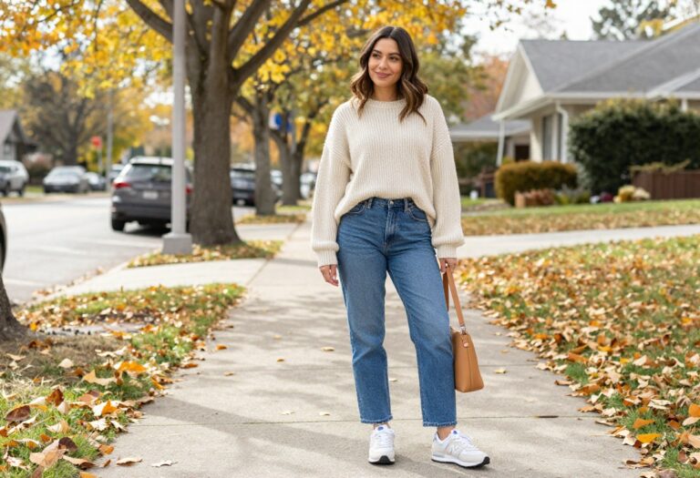Woman wearing blue jeans, white New Balance sneakers, and a cream sweater standing on a fall sidewalk.
