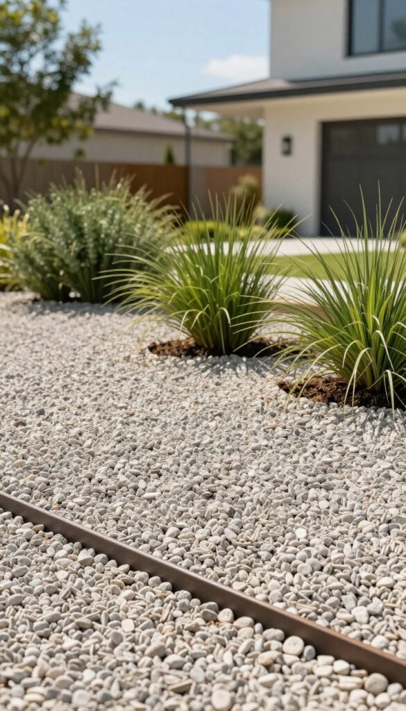 Modern low maintenance front yard gravel garden with drought tolerant plants, clean steel edging, and bright natural light