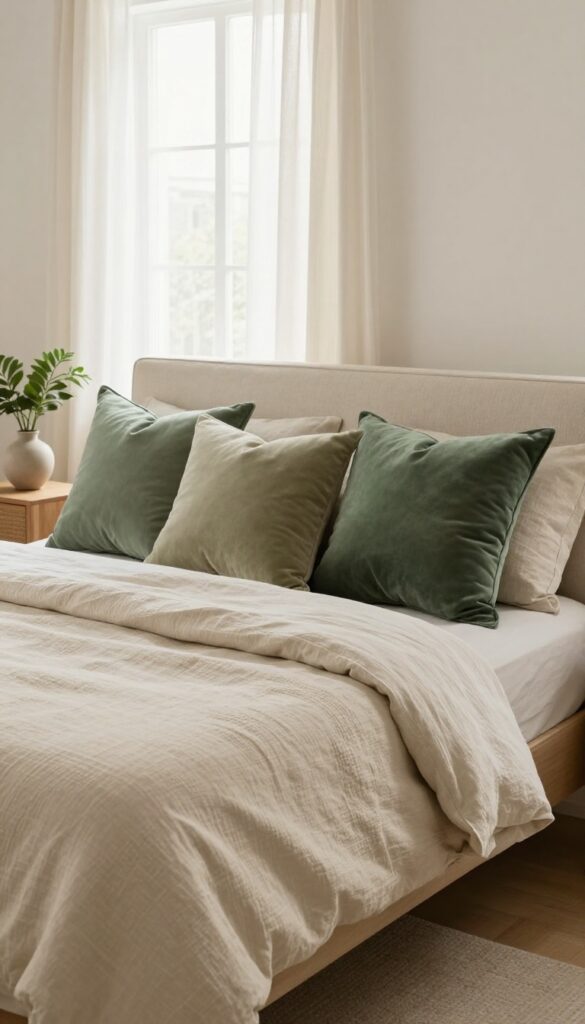 Neutral cream and beige bed styled with three green throw pillows in sage, olive, and forest green shades, mixed velvet and linen textures, bright natural light in an earthy bedroom