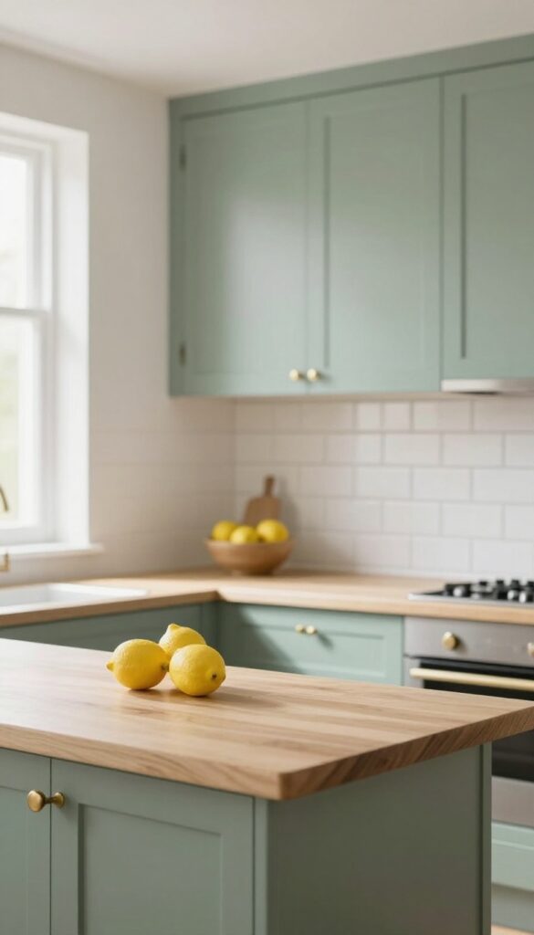 Sage green kitchen cabinets with brass hardware, warm white walls, creamy backsplash, and natural light in a bright modern kitchen