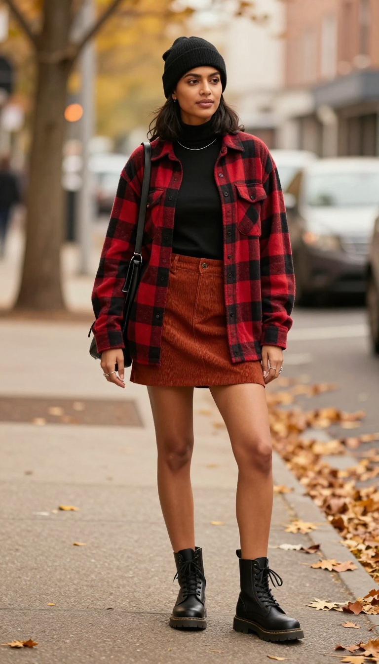 4. Corduroy Skirt + Flannel Shirt + Combat Boots