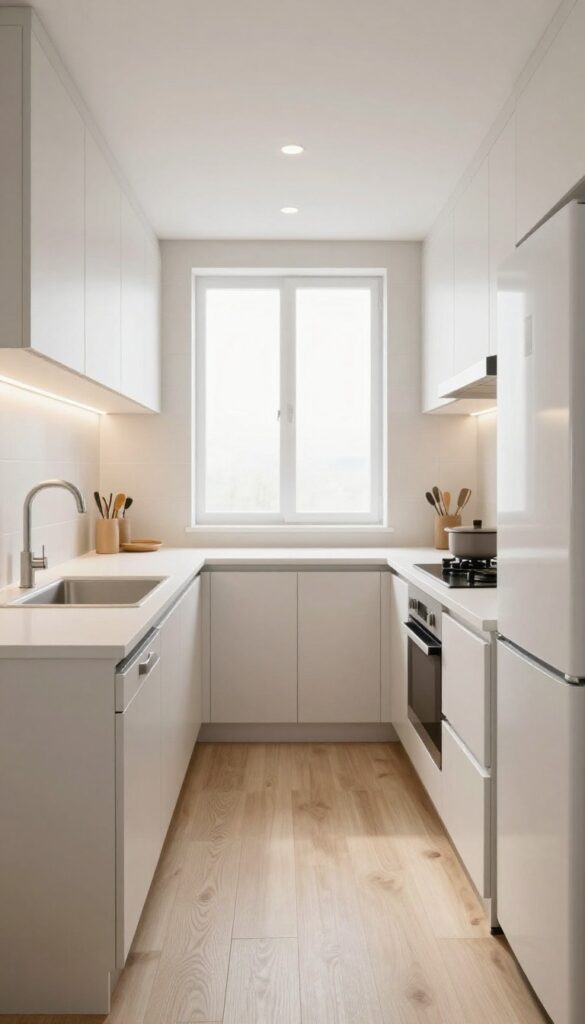 Bright narrow galley kitchen with two parallel light cabinets, slim counters, sink on one side, compact stove opposite, fridge at the end, and under-cabinet task lighting.