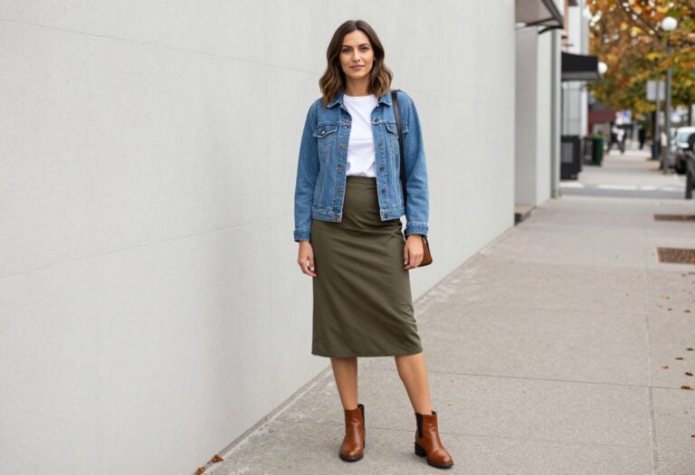 Woman wearing a jean jacket with a midi skirt and ankle boots for crisp weather