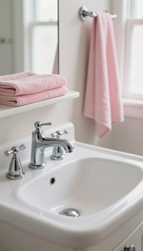 Vintage bathroom sink with chrome cross-handle faucet, porcelain cabinet knobs, and chrome towel bar in bright natural light.